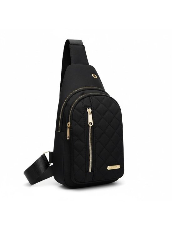 Sling Backpack Handbags - Quilted Black Nylon Sling Backpack With Gold Zippers & Adjustable Strap Lightwei